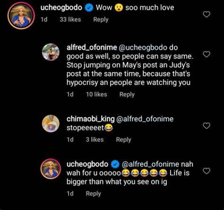 
Uche Ogbodo Claps Back At Troll Who Described Her As A Hypocrite For ‘Jumping From May’s Post To Judy’s Post’ 